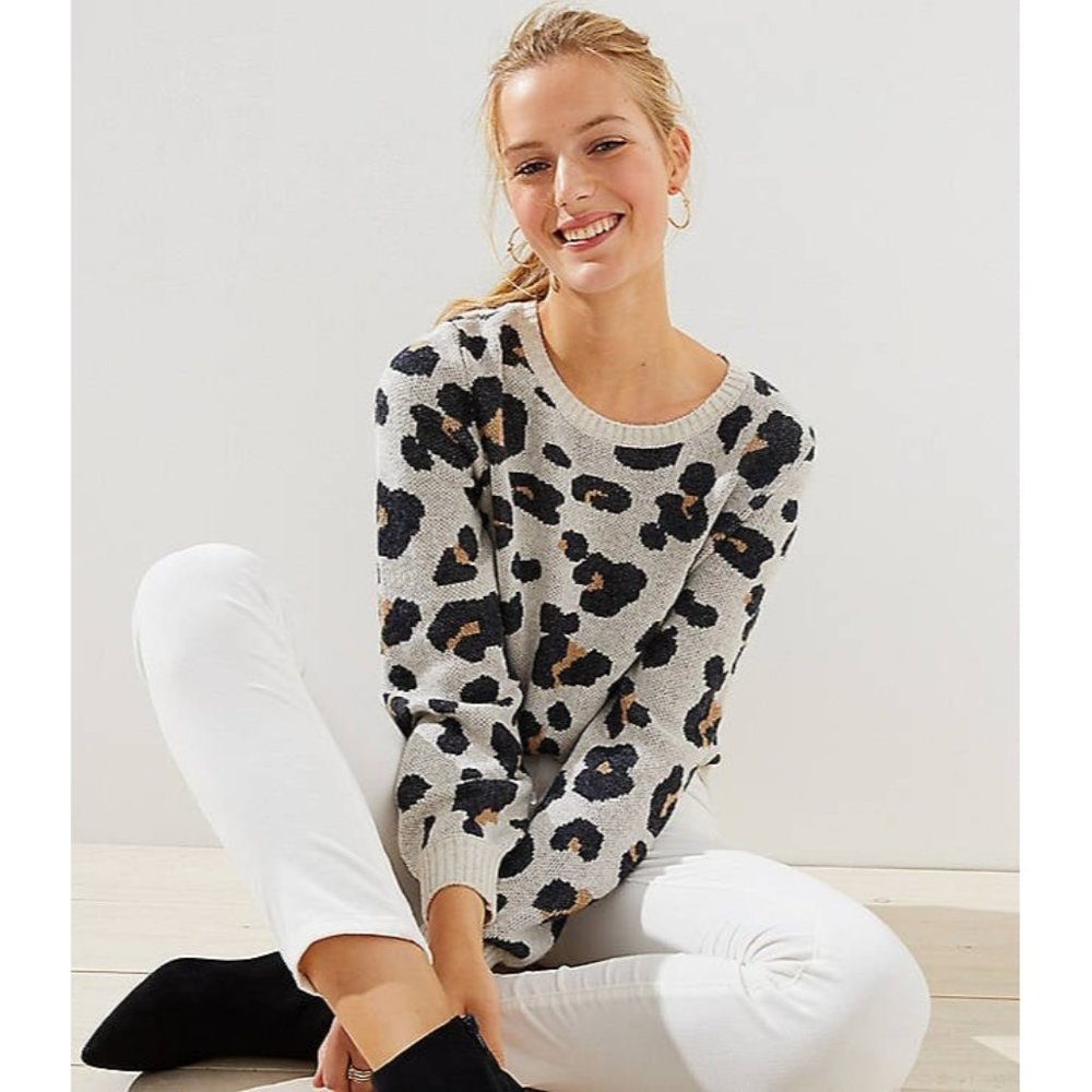 LOFT Wool Blend Leopard Sweater XXS Oatmeal Animal Print Pullover